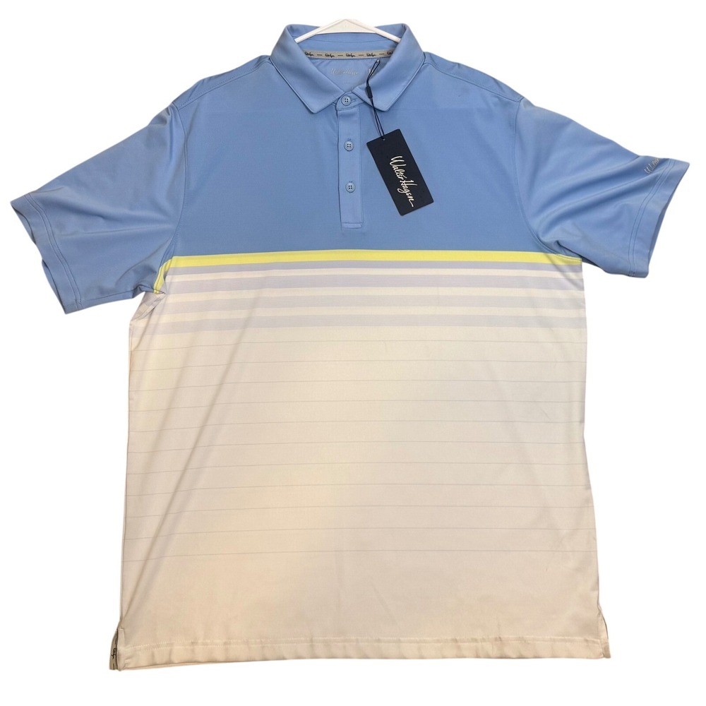 NWT Walter Hagen Golf Polo‎ Large Blue White Yellow Striped Performance Shirt